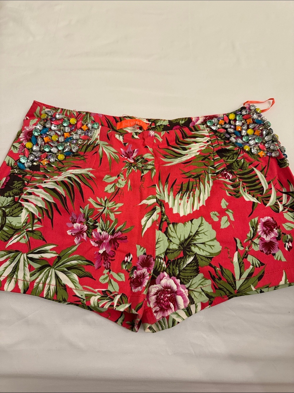 Lulumari Red Tropical Floral High-Waist Embellished Shorts